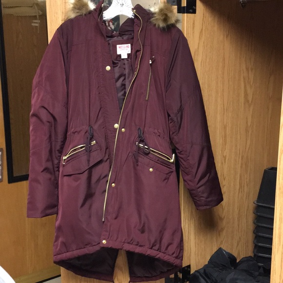 Mossimo Supply Co. Jackets & Blazers - BURGUNDY COAT WITH FUR HOOD
